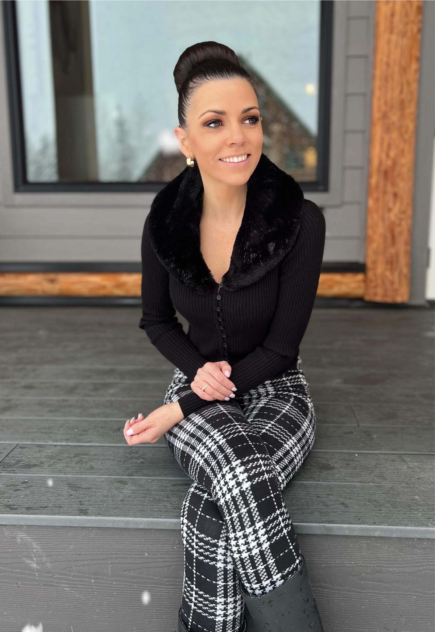 My to-go outfit this winter ❄️ 

Black and white plaid pants, black fur top, black boots, top bun and gold earrings. ☃️

#LTKstyletip #LTKMostLoved #LTKSeasonal