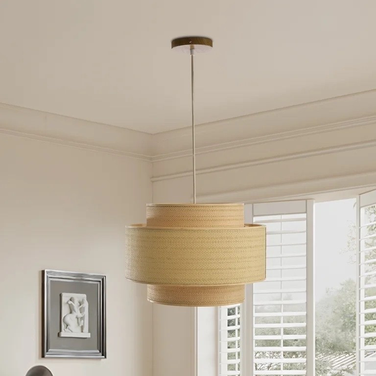 Booniture 3-Tier Drum Bamboo Pendant Light, E26 Base with Dimmer Switch, 15.8 Inch Wide, Test Bulb Included, for Kitchen Island & Dining Room, Natural