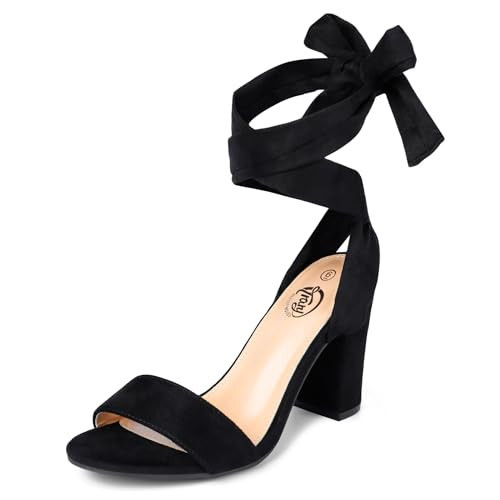 Trary Black Heels for Women 3.5 Inches Strappy Lace Up Bow Wide Feet Wrap Open Toe Tie Up Low High Heels Comfy Fahsion Women's Pumps Dressy Shoes Work Block Chunky Heeled Sandals for Wedding | Amazon (US)