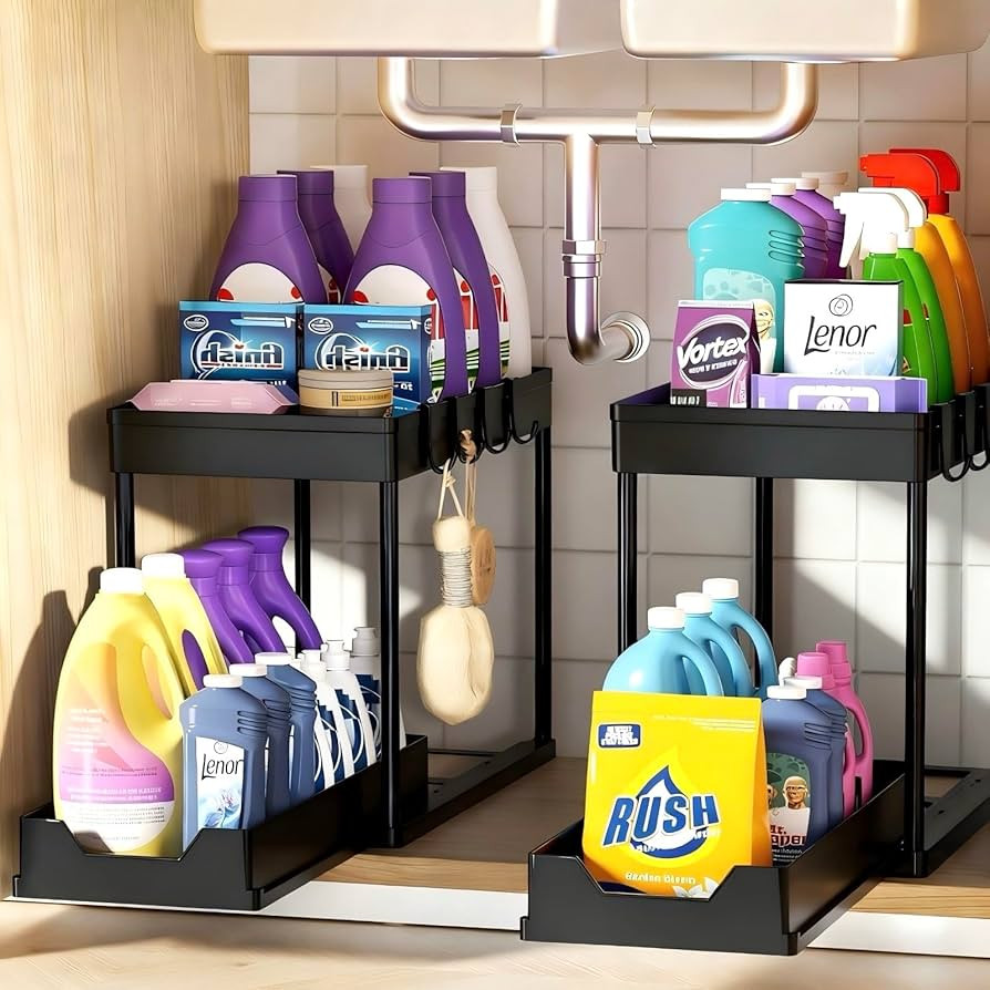 Under Sink Organizers 2 Pack, Pull-Out Sliding Cabinet Organizer with 2-Tier Storage Shelf & 4 Ho... | Amazon (US)