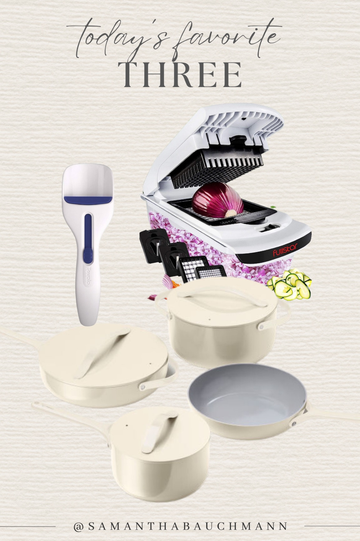 Today’s favorite three: Kitchen Edition! Caraway pans, batter scoop, and vegetable chopper. Use code SAMANTHA10 for Caraway! 

#LTKhome