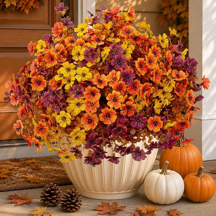 AXYLEX Artificial Fall Flowers Outdoor Fake Mums (BrownOrangeYellow, 16) | Amazon (US)
