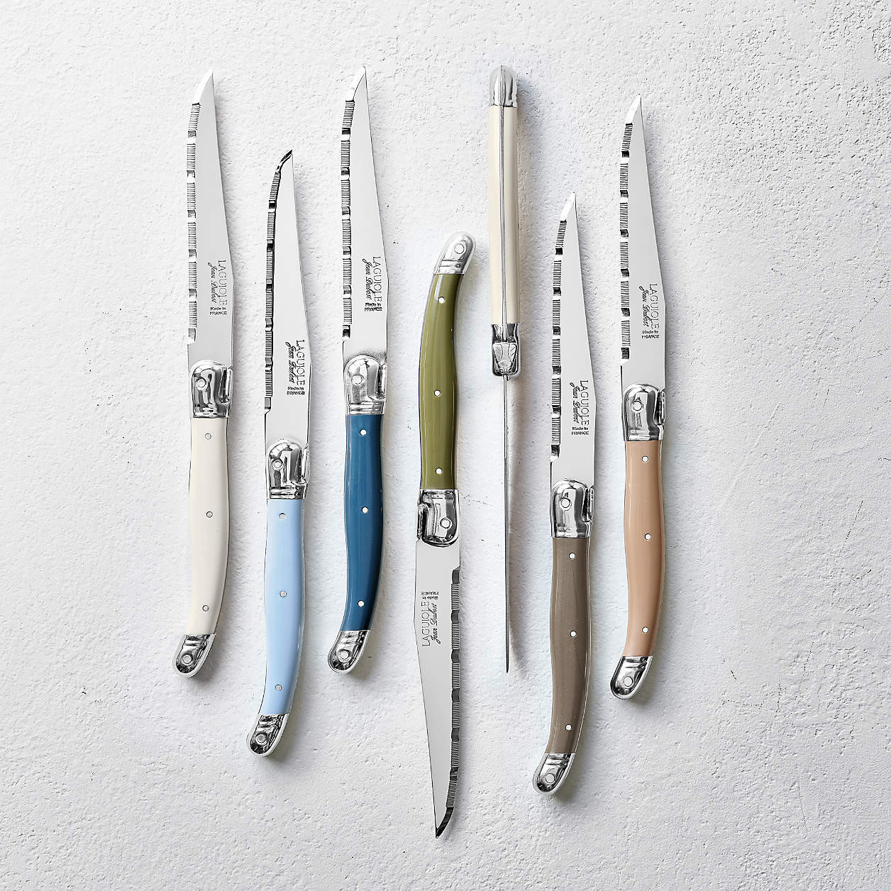 Jean Dubost Laguiole Mixed Linen Steak Knives, Set of 6 + Reviews | Crate & Barrel | Crate & Barrel