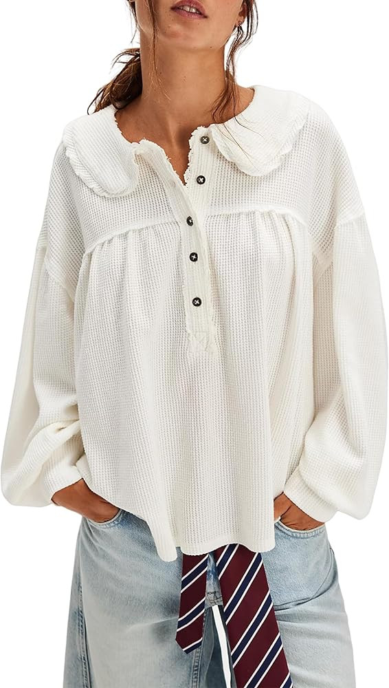 Women's Waffle Knit Tops Collared Solid Color Pullover Long Sleeve V Neck Solid Color Loose Tunic | Amazon (US)