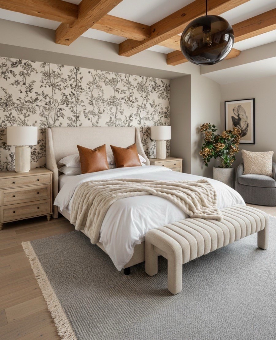 A fresh yet grounded bedroom that blends natural texture with soft sophistication.
The botanical wallpaper brings subtle pattern and movement, perfectly complementing the exposed beams above. Light oak nightstands and a ribbed boucle bench introduce warmth and tactile interest, while caramel leather pillows add a rich, earthy accent.

Layered neutrals — from the woven rug to the cozy throw — create a sense of calm and comfort that feels both elevated and effortlessly livable. 

#LTKSaleAlert #LTKHome
