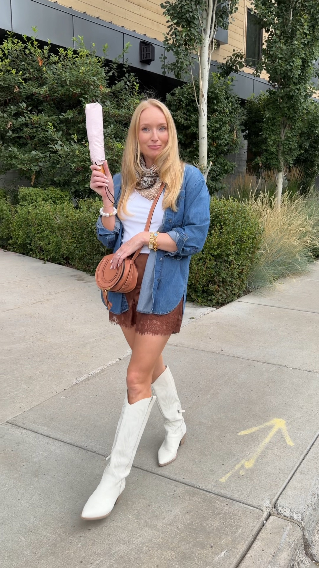 Such an easy + comfy outfit for early fall weather! 

Transitional outfit // what I wore to the rodeo // Jackson hole outfits // white cowgirl boots // lace short trend // denim top // western outfit

#LTKootd