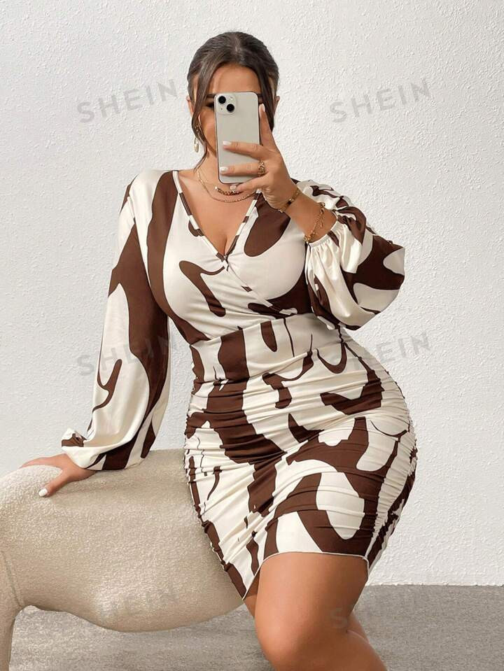 SHEIN Privé Plus Size Lantern Sleeve Wrap Neckline Long Dress | SHEIN