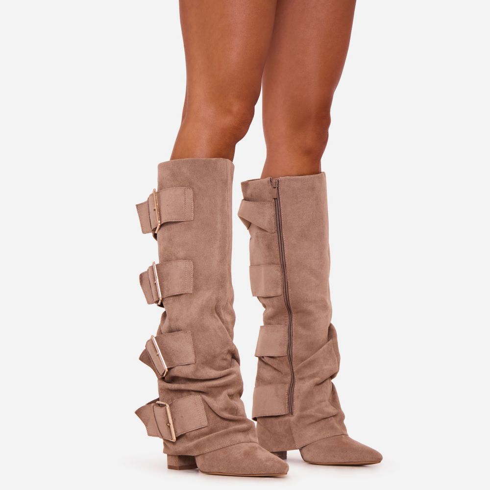 Nett Multi Side Buckle Detail Pointed Toe Knee High Long Boot In Taupe Faux Suede | EGO (UK)
