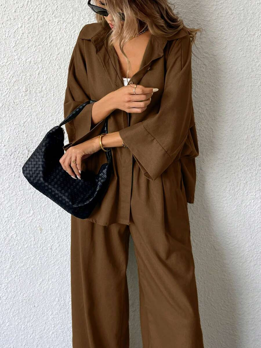 Aveloria Modichic Women 2pcs Sets: Loose Side Slit Shirt & High Waist Wide Leg Pants Elegant Busi... | SHEIN