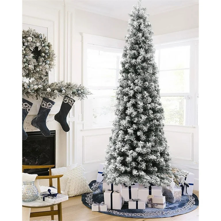 LuxenHome WHAP1646 7 ft. Pre-Lit LED Artificial Flocked Slim Fir Christmas Tree - Walmart.com | Walmart (US)