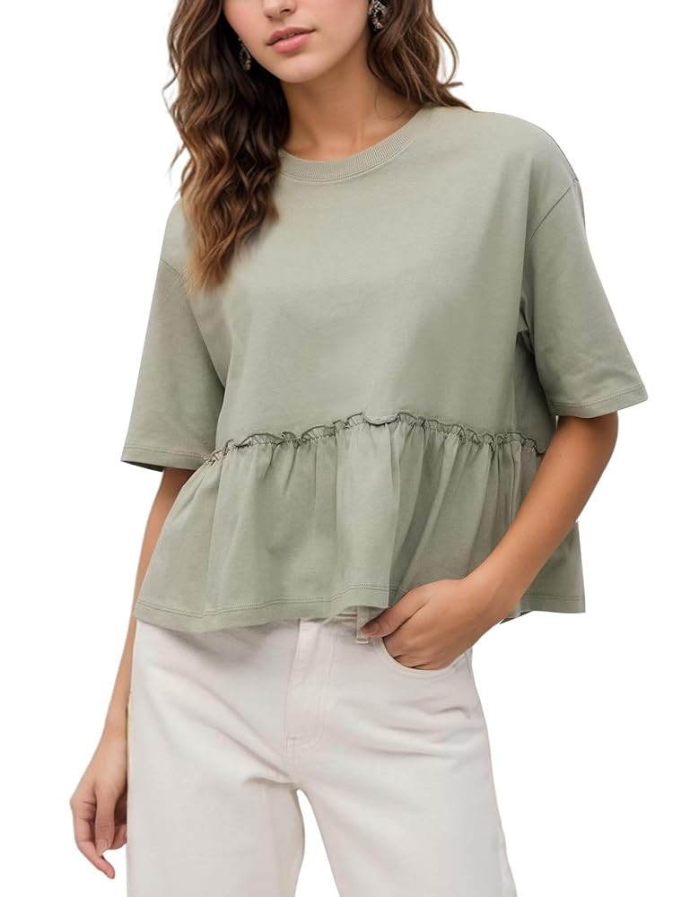 MISSACTIVER Women's Cute Ruffle Hem Babydoll Tee Shirt Casual Crew Neck Short Sleeve Loose Fit Fl... | Amazon (US)