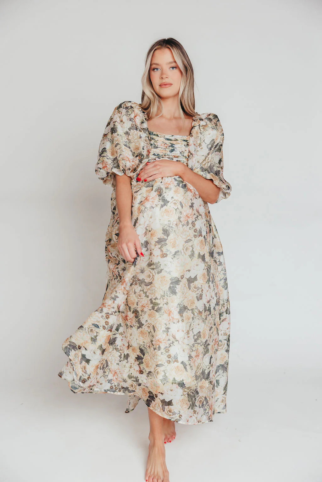 Melody Maxi Dress with Pleats and Bow Detail in Champagne Floral - Bum | Worth Collective