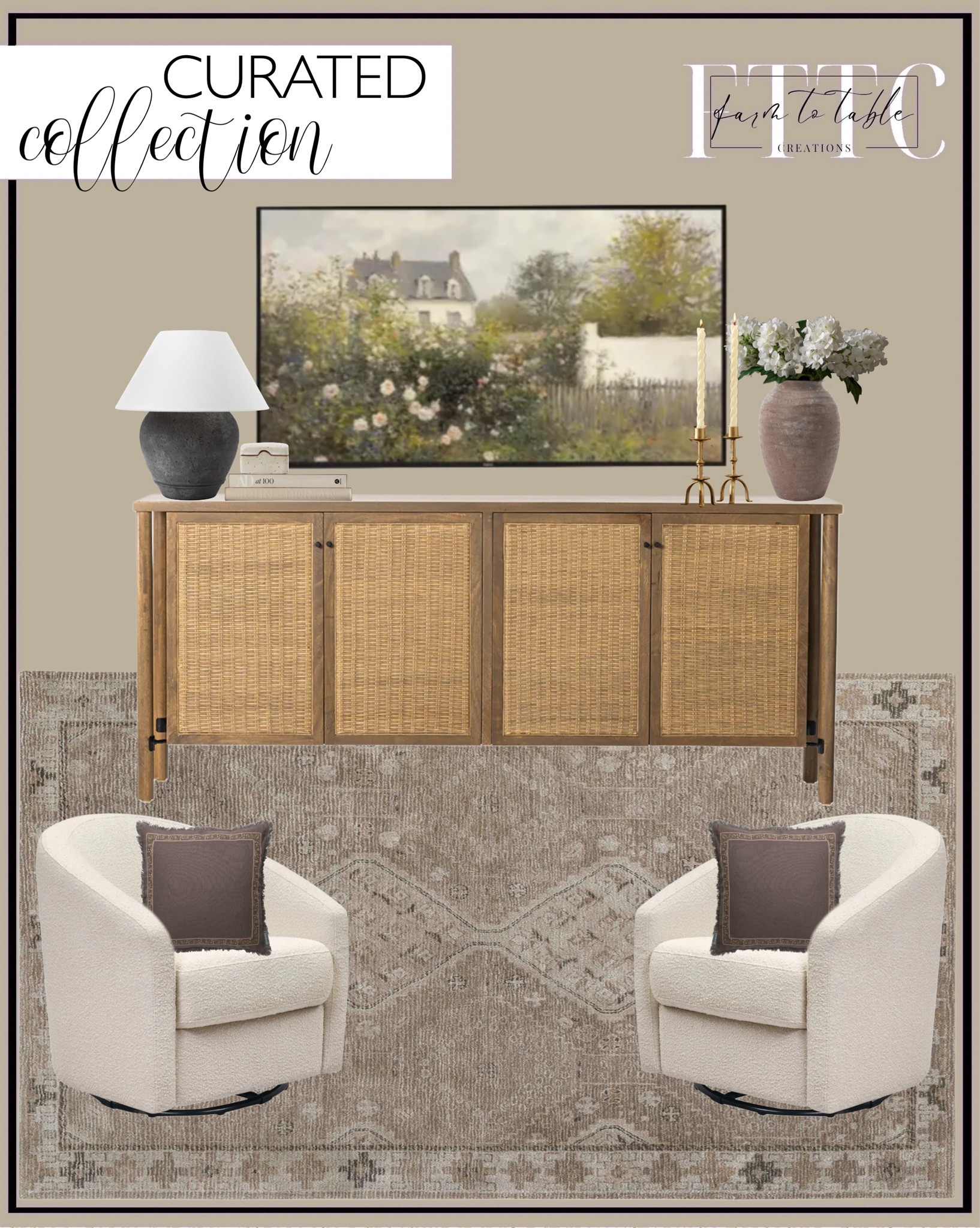 Curated Collection. Follow @farmtotablecreations on Instagram for more inspiration.

Spring Frame TV Art. Siyara Hand-Tufted Wool Rug. Launter Sideboard. Abbott Ceramic Table Lamp. Queta terracotta vase. Faux hydrangea stem. Claridge Taper holder. Coffee table book. Stoneware Litted box. Twisted Candles. Madison Swivel Glider. Venetia Pillow Cover. 

Presidents’ Day Sale | Living Room | Dining Room | Dining Room Artwork | Bathroom Finds | Bedroom Finds | Bedroom Furniture | nightstands | Home Decor| Fireplace Decor | Spring Refresh |  Bedroom Finds | Neutral Stems | Spring Stems | Bookshelf Decor | Bedroom Space | Cozy Corner | Bathroom | Curated Entryway | Spring  Decor | End of Year Clearance | Trending Decor | Viral Decor  | Coffee Table Decor | Neutral Decor | Fall Stem Sale | Target Finds | Skinny Bench | Bedroom | Living Room | Breakfast Nook | Amazon Home | Target Sale | Loloi Rugs | Magnolia Home | console table | console table styling | faux stems | entryway space | front porch decor | neutral decor | entryway decor | cozy home | affordable decor |  home decor | home inspiration | console styling | entryway rug | cozy moody home | moody home decor | neutral home | bathroom decor | living room | spring decor | Hearth & Hand | Studio McGee | 2025 Home Trends | trending home | Crate&Barrel 




#LTKHome #LTKSaleAlert #LTKFindsUnder50