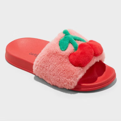 Kids' 3D Cherry Slide Slippers - Cat & Jack™ Coral Pink | Target