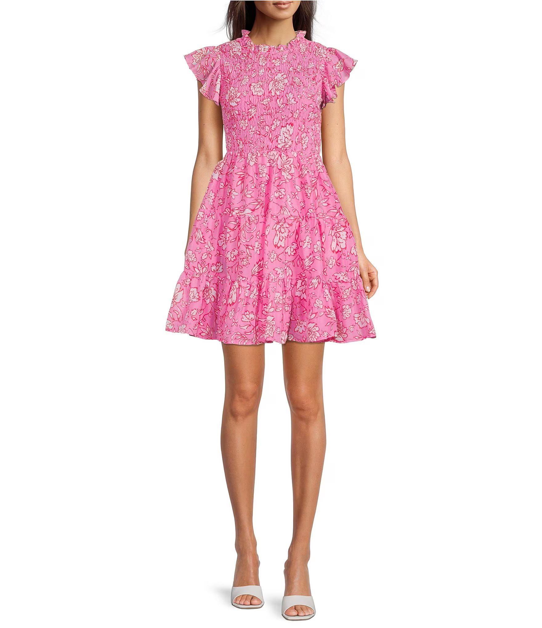 J.Marie Rosie Floral Print A-Line Tiered Ruffle Crew Neck Flutter Cap Sleeve Smocked Dress | Dill... | Dillard's