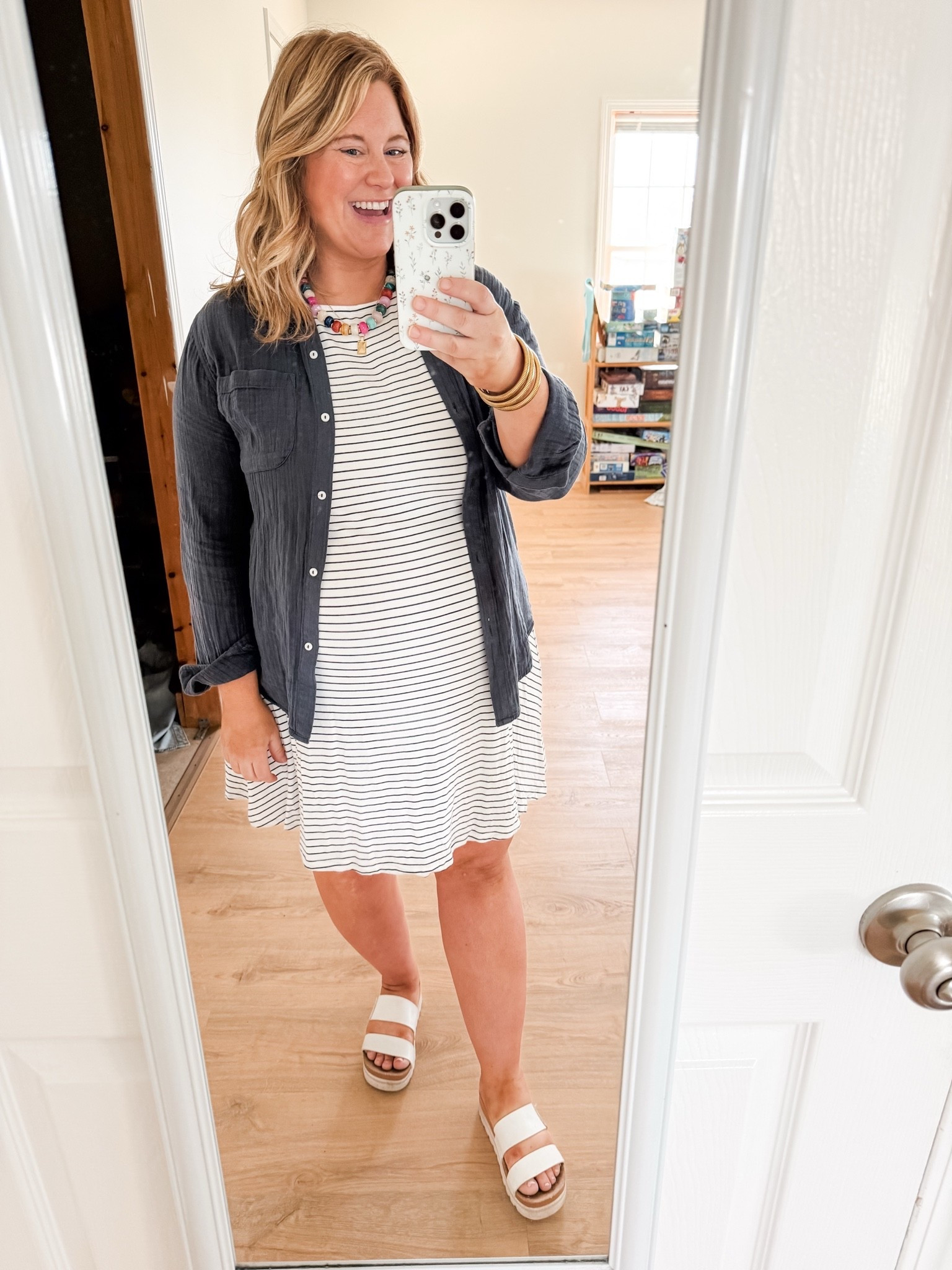 Teacher outfit - Wearing a large petite in my striped dress and a large in my cotton gauze button down.

#LTKMidsize #LTKBump #LTKWorkwear