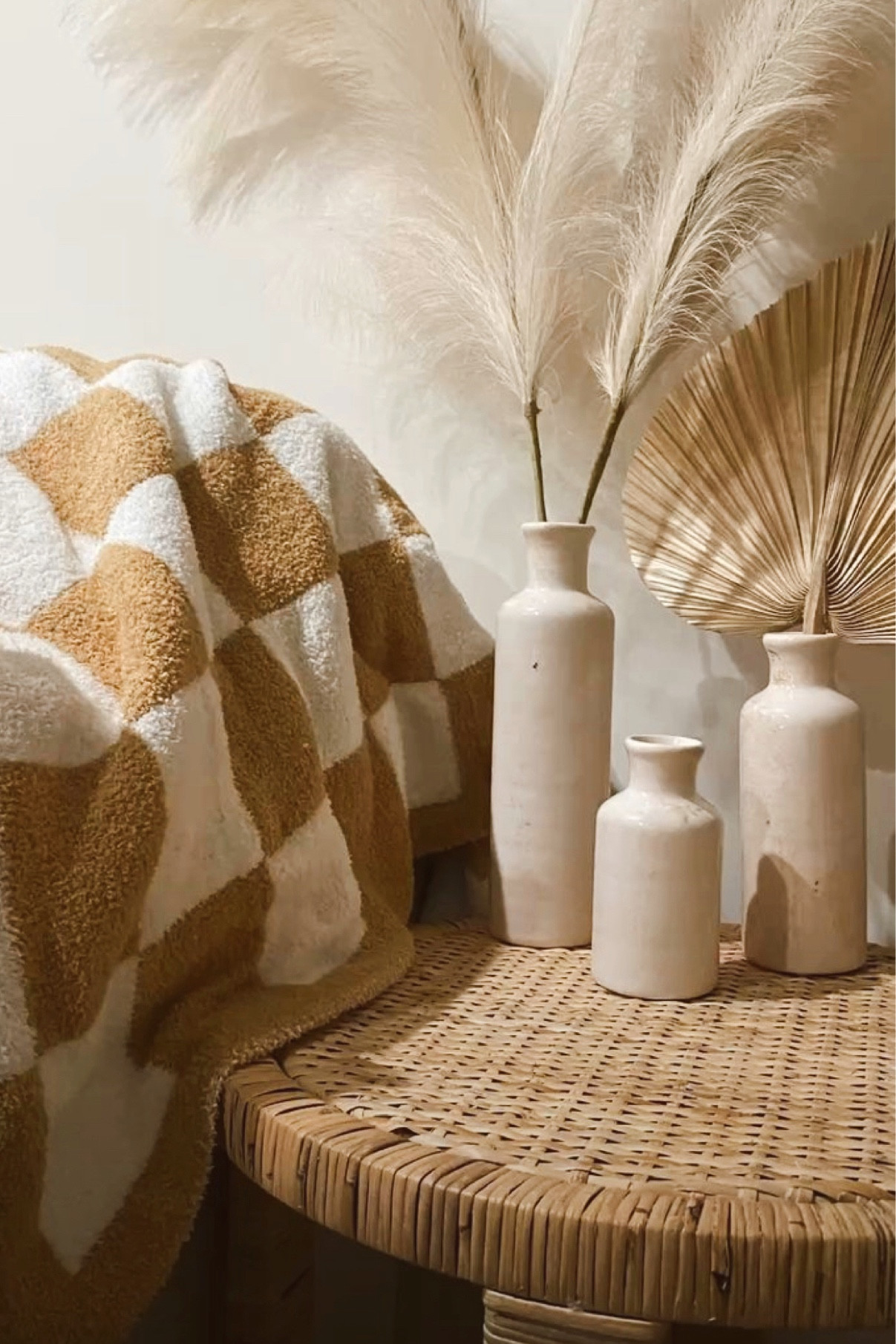 Boho living room end table 



Palm leaves, checkered print, throw blanket, boho decor, rattan table, target, Amazon, studio McGee, neutral decor, fall decor, pampas grass

#LTKSeasonal #LTKunder100 #LTKhome