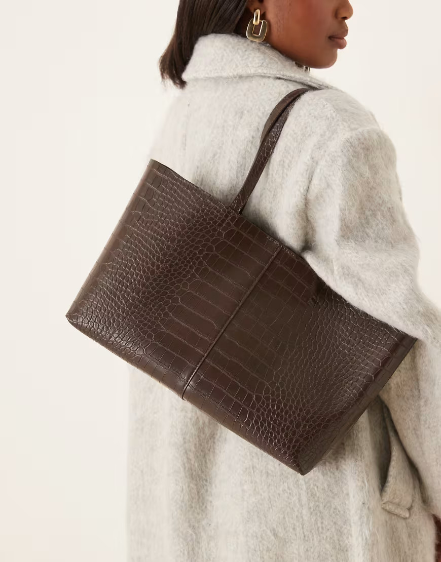 Mango faux leather rectangle shoulder bag in dark brown | ASOS (Global)