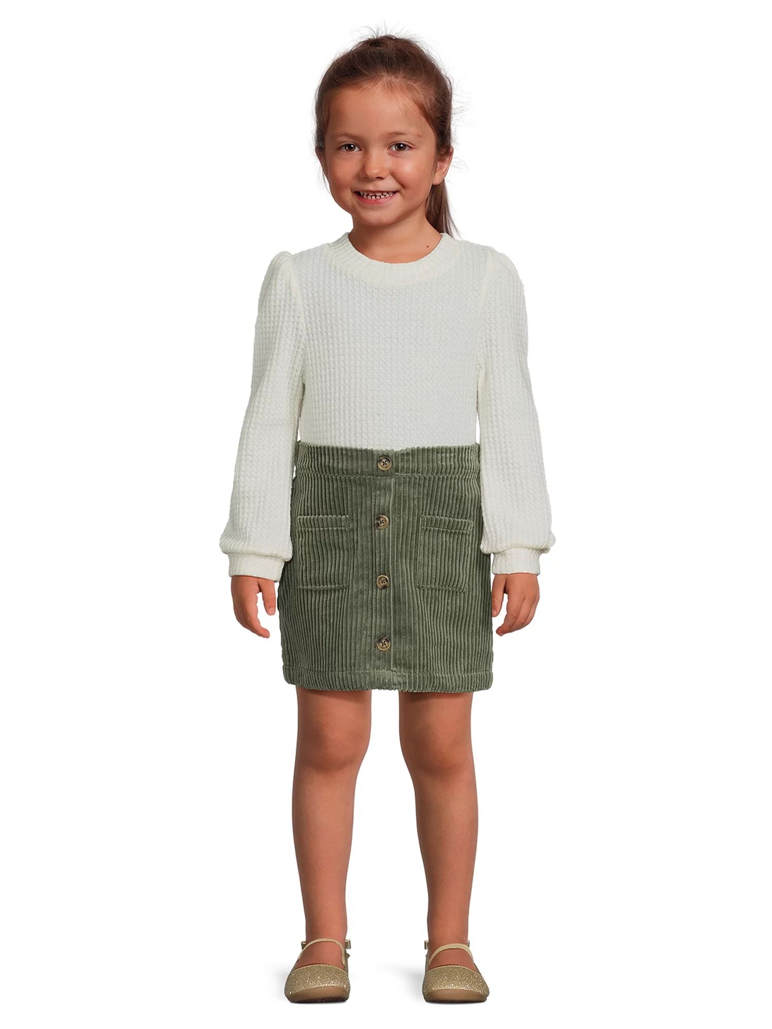 Wonder Nation Toddler Girl Waffle Knit Top and Corduroy Skirt Set, 2-Piece, Sizes 12M-5T | Walmart (US)