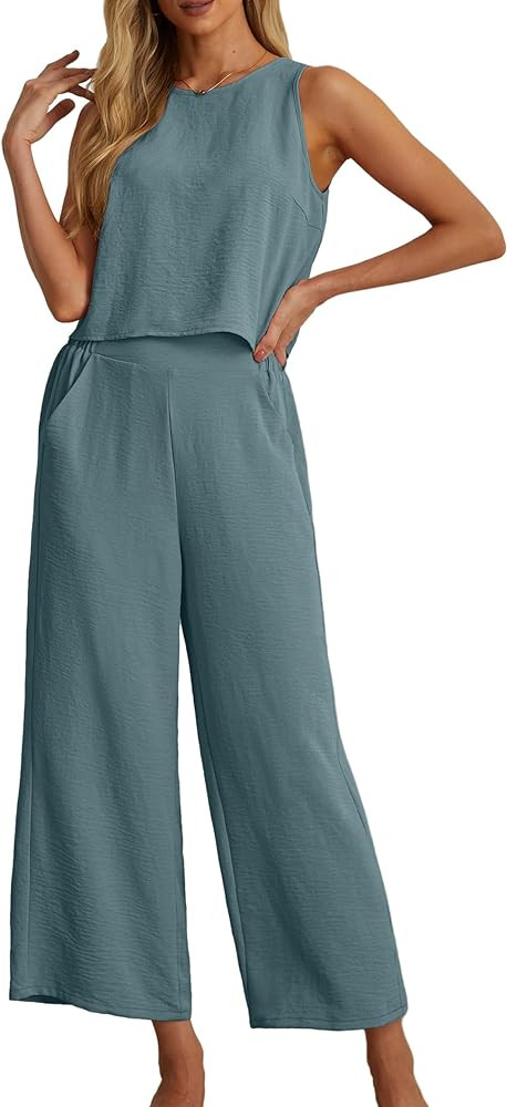 IWOLLENCE Women's Summer 2 Piece Outfits Set Round neck Sleeveless Tank Crop Top Wide Leg pants S... | Amazon (US)