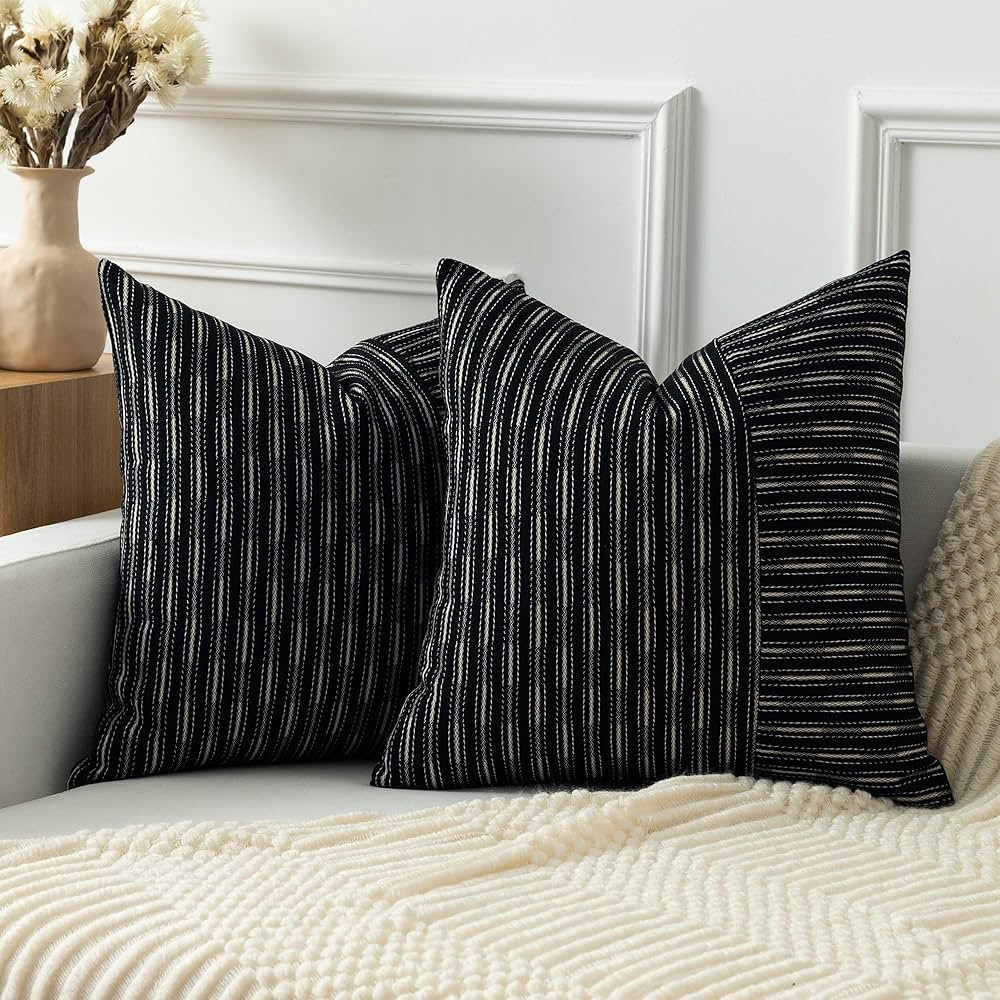 Kevin Textile Black and Beige Patchwork Farmhouse Pillow Covers 20x20 Inch, Pack of 2 Striped Lin... | Amazon (US)