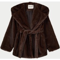 Belted Faux Fur Hooded Coat - Chocolate | The Couture Club