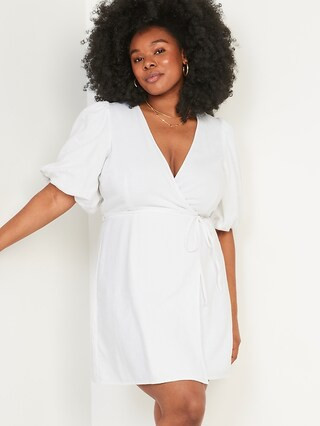 Puff-Sleeve Waist-Defined Linen-Blend Mini Wrap Dress for Women | Old Navy (US)