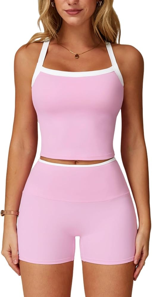 Women 2 Piece Workout Sets Padded Criss Cross Back Crop Tank High Waist Tummy Control Shorts Yoga... | Amazon (US)