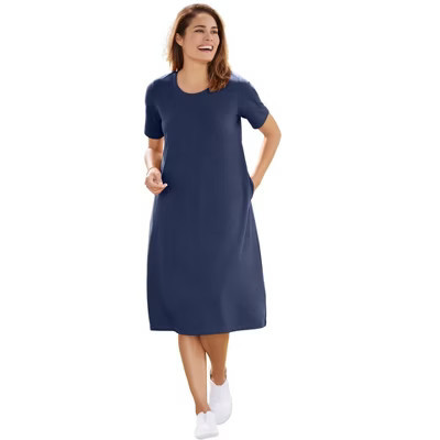 Woman Within Perfect Short-Sleeve Crewneck Tee Dress - 3X, Navy | Target