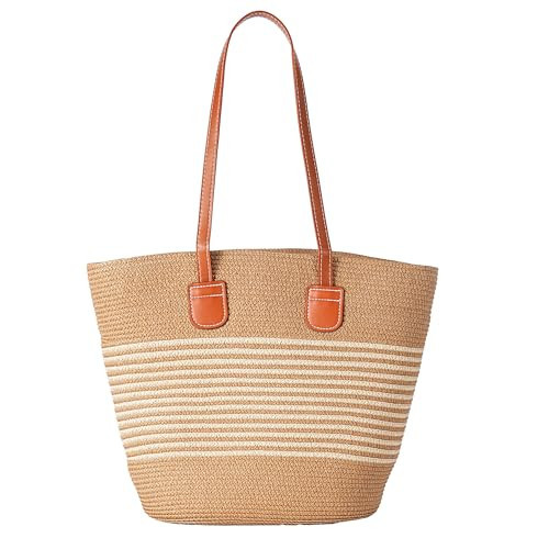 JXWENBYX Straw Bags for Women, Straw Beach Bags for Women Beach Tote Bag Summer Woven Shoulder Handbags for Vacation Holiday (Khaki-Beige Stripe) | Amazon (US)