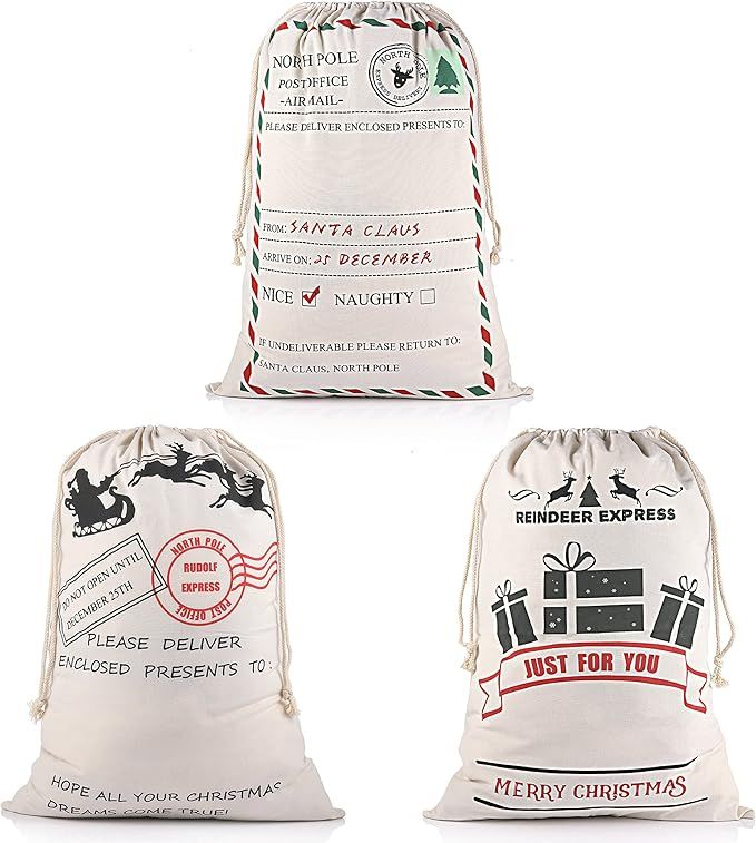 CACOE Santa Sack Christmas Gift Bags with Drawstring, 3 Pack Extra Large Reusable Christmas Decor... | Amazon (US)