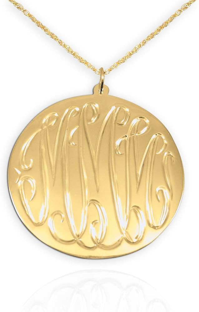 Monogram Necklace 1.5 inch Hand Engraved 24K Gold Plated Silver Personalized Initial Necklace Mad... | Amazon (US)