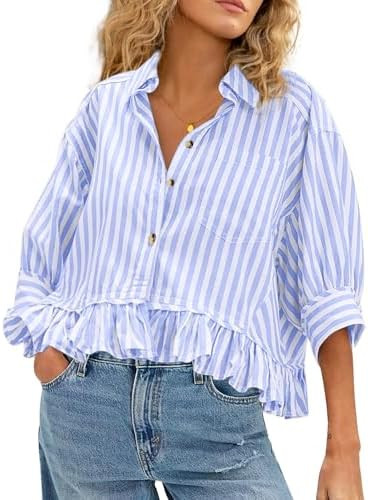 CHYRII Womens Summer Tops Dressy Casual Blouse Top Ruffled Short Sleeve Button Down Striped Shirt | Amazon (US)
