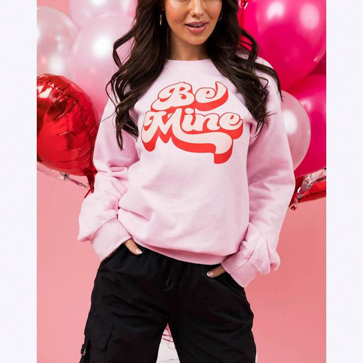 Women Sweatshirt, Long Sleeve Crew Neck Letters Print Hoodie Pullover Valentine's Day Tops | SHEIN