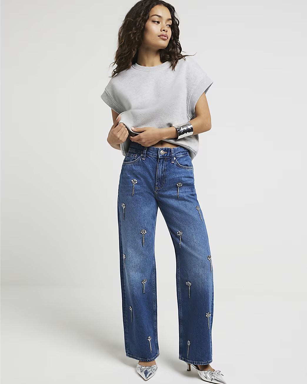Petite blue embellished straight jeans | River Island (UK & IE)