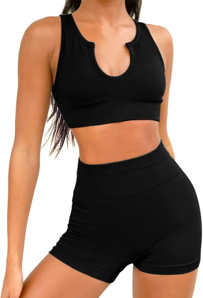 Jetjoy ribbed workout Set Crop Rib Tank and High-Waist Leggings Sets | Amazon (US)