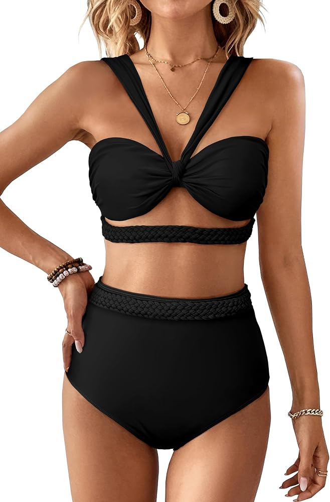 Women High Waisted Bikini Braided Swimsuit Padded Bathing Suit | Amazon (US)