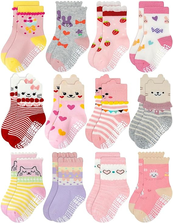 RATIVE Non Skid Anti Slip Cotton Dress Crew Socks With Grips For Baby Infant Toddler Kids Girls | Amazon (US)