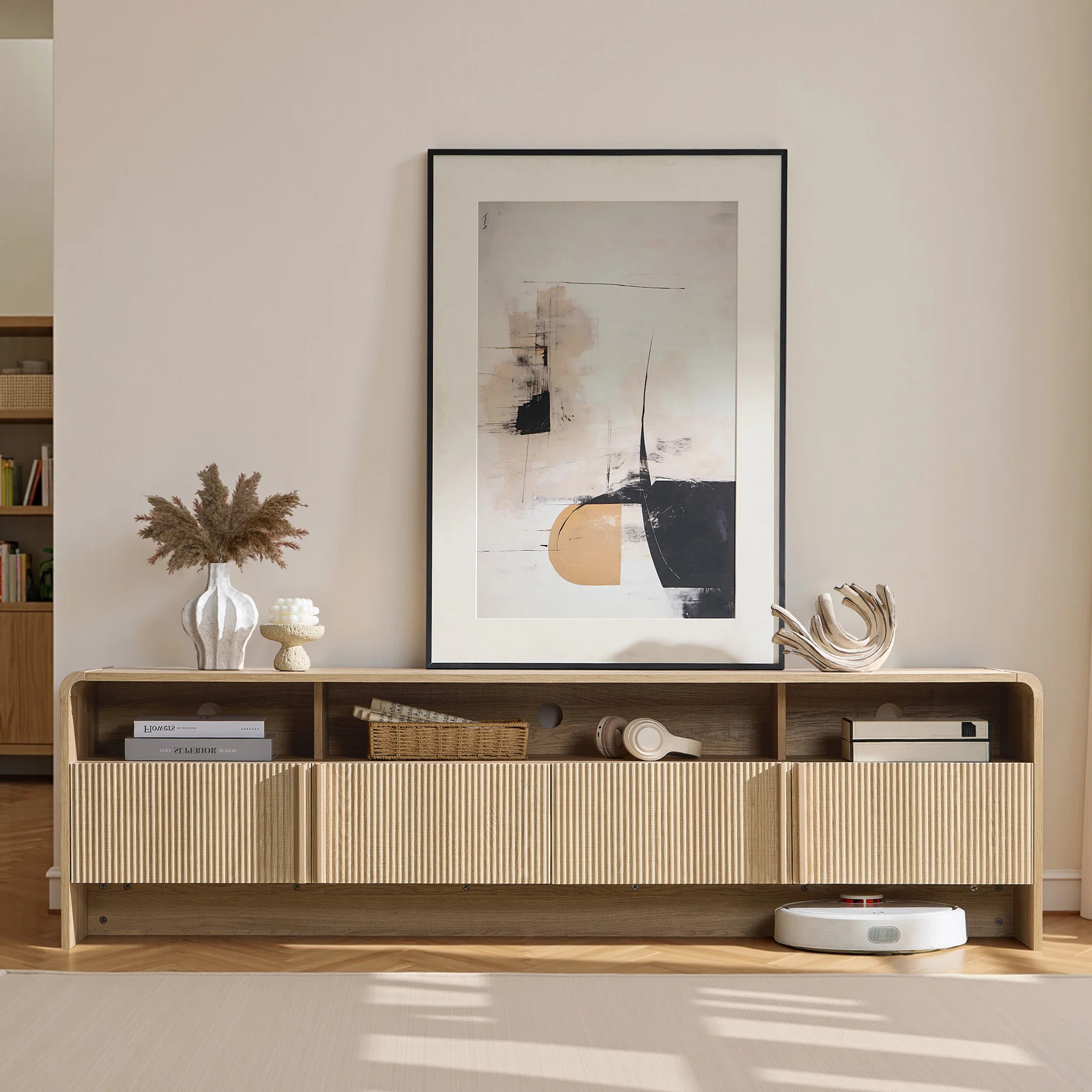 Dulane Modern Farmhouse 70" Tv Stand For Tvs Up To 75" With  2 Doors And Open Storage, Natural | Wayfair North America