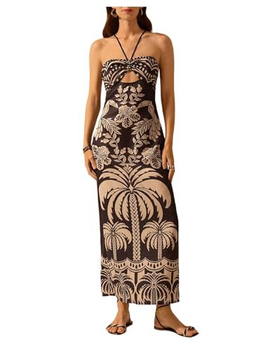 SHENHE Women's Tropical Print Halter Maxi Dress Cutout Tie Backless Split Hem Boho Sundress Black and White Small | Amazon (US)