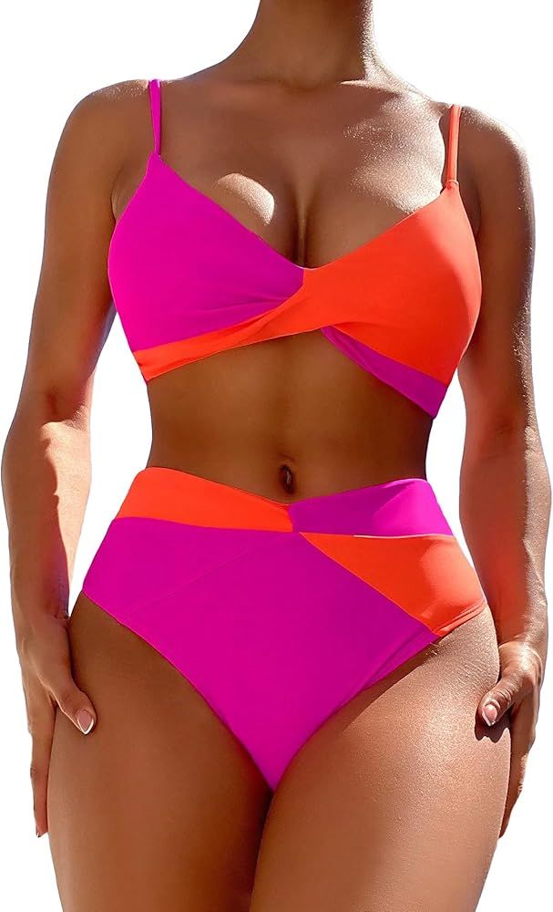 GORGLITTER Women's Color Block High Waisted Bikini Set Twist Beach Summer Swimsuits Cute Bathing ... | Amazon (US)