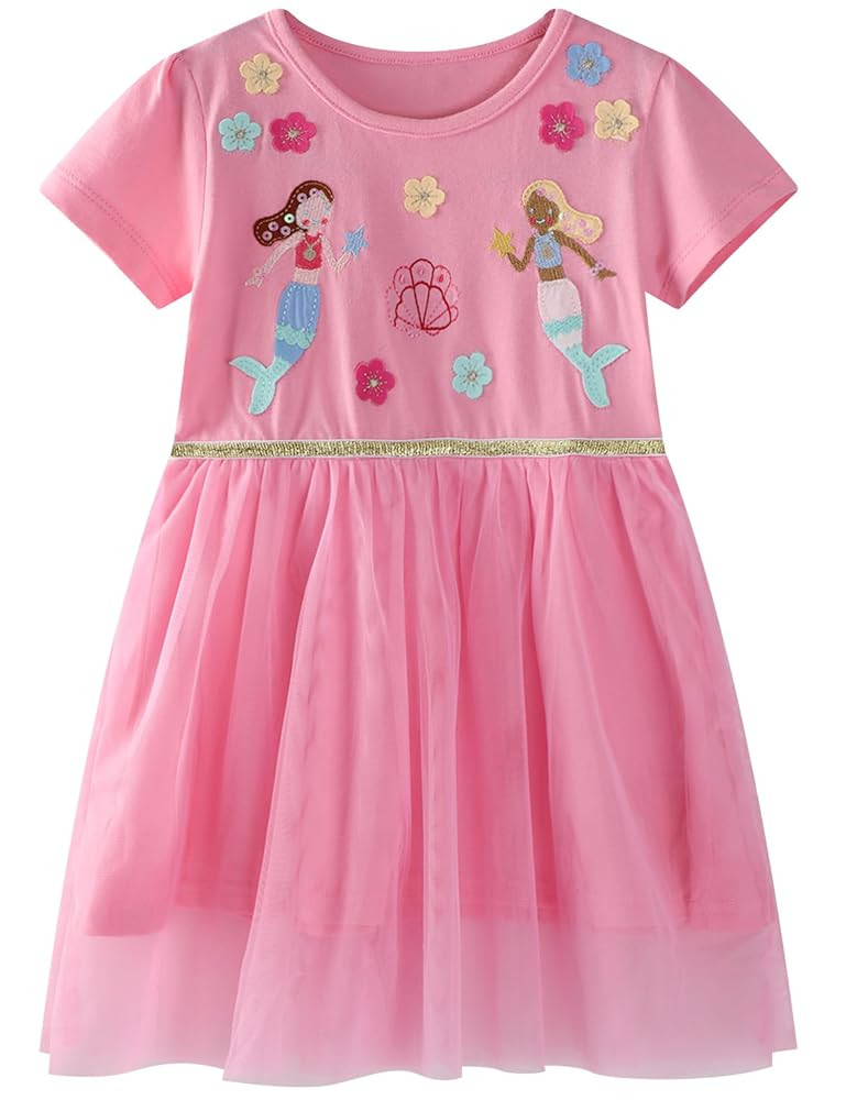 Hongshilian Toddler Girls Cotton Casual Dress Cartoon Print Short Sleeve Dress Girls Summer Sundr... | Amazon (US)