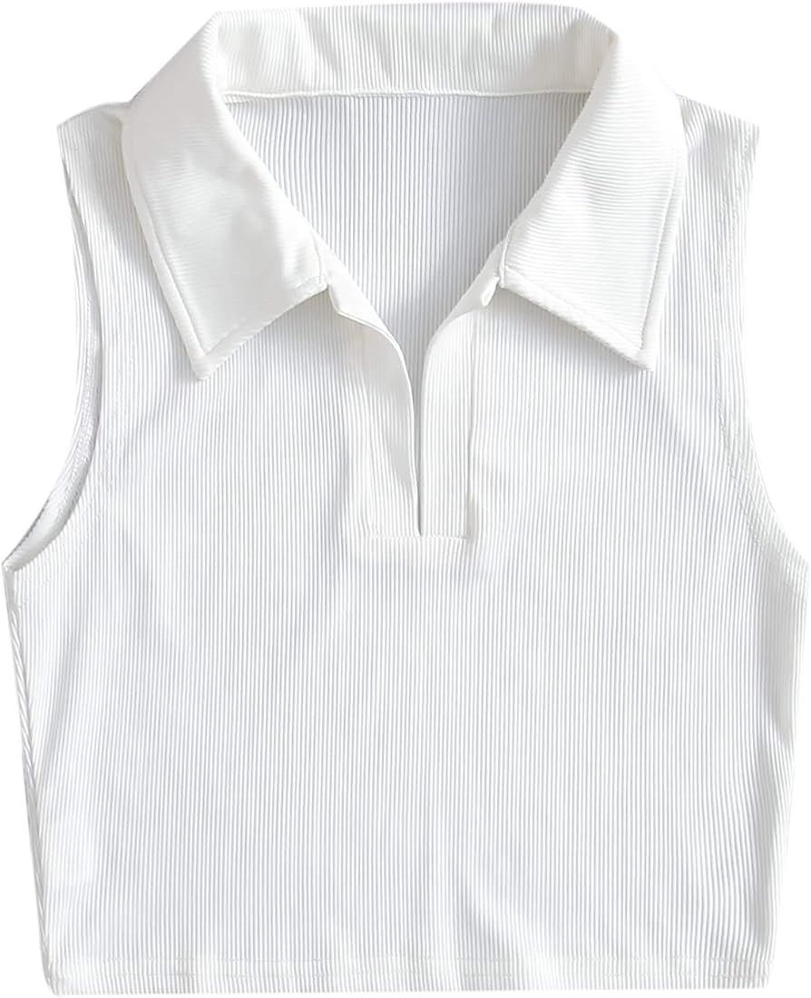 SheIn Women's Collar Polo Crop Top Tank Sleeveless Ribbed Knit V Neck Cami Top | Amazon (US)