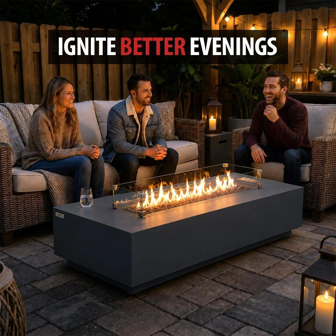Savanah 72" Rectangular Concrete Outdoor Fire Pit Table with Lava Rocks & Protective Cover | Wayfair North America