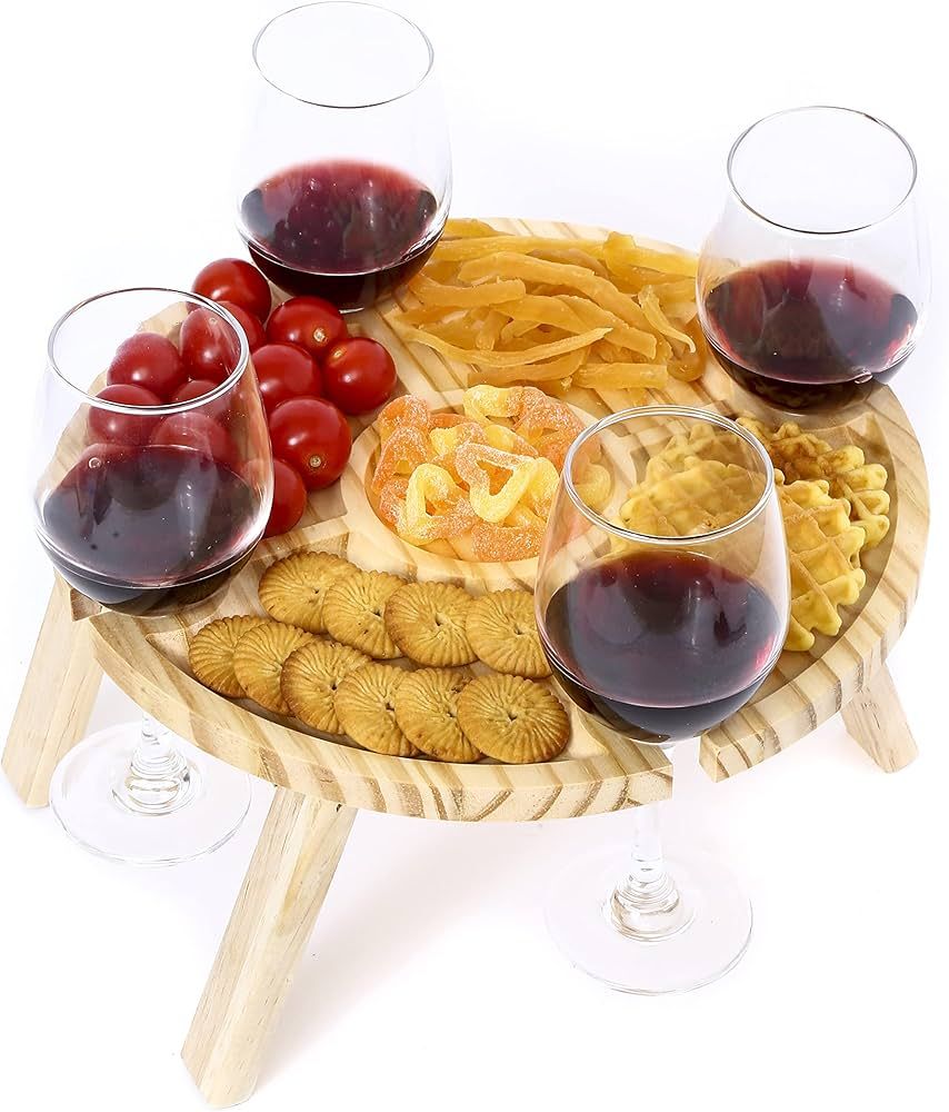 Portable Wine Picnic Table with 4 Glass Holders Wood Outdoor Folding Picnic Table, Wine Lover Gift, Fruit Cheese Snack Bed Picnic Tray for Beach, Potluck, Camping, Concert at Park | Amazon (US)