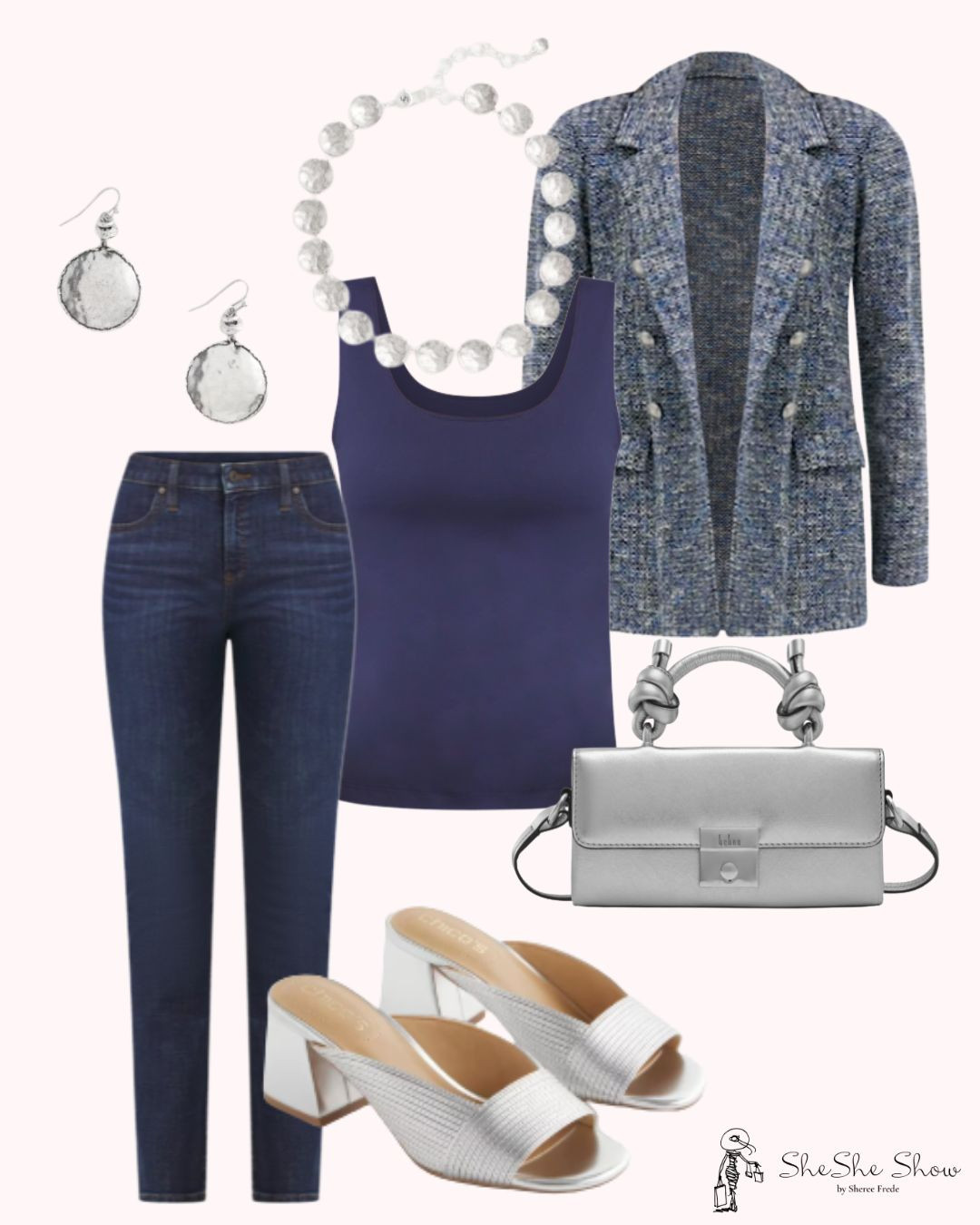  Tweed double breasted blazer is great over blue denim. Great date night again. 
I wear a size 0 in Chico’s unique sizing

#LTKFindsUnder100 #LTKSeasonal #LTKOver40