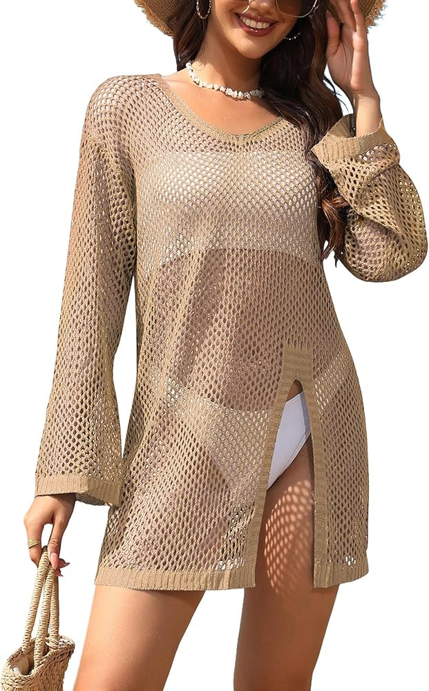 AI'MAGE Women's Crochet Cover Up Long Sleeve Bathing Suit Cover Ups Side Split Hollow Out Beach D... | Amazon (US)