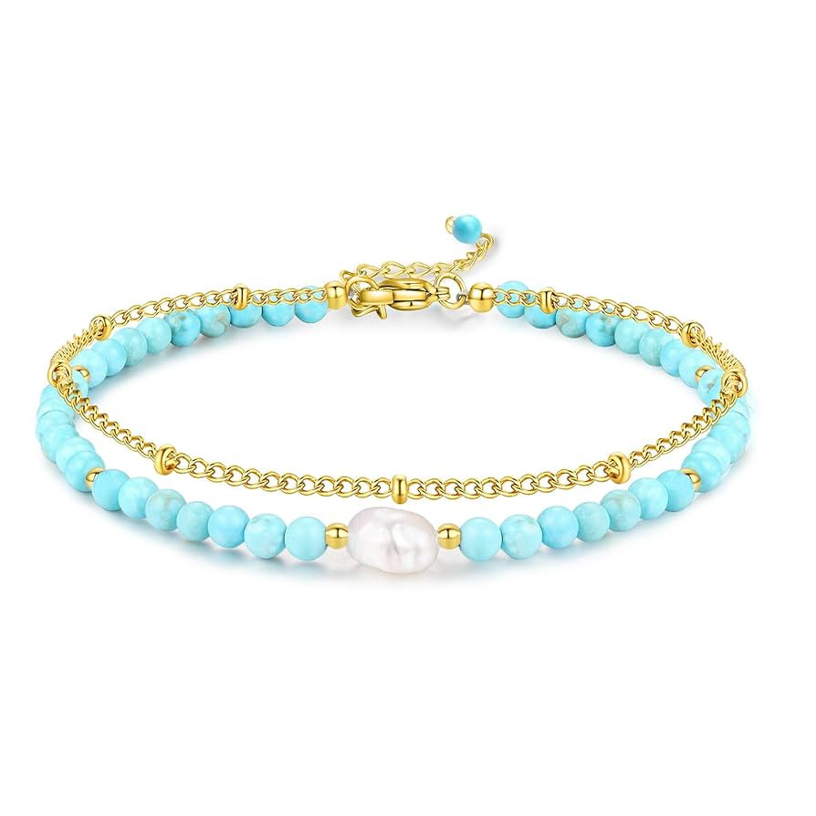 Turquoise Pearls Stand Gold Bracelet, Handmade Birthstones Stack Bracelets Crystal Gemstones Bead... | Amazon (US)