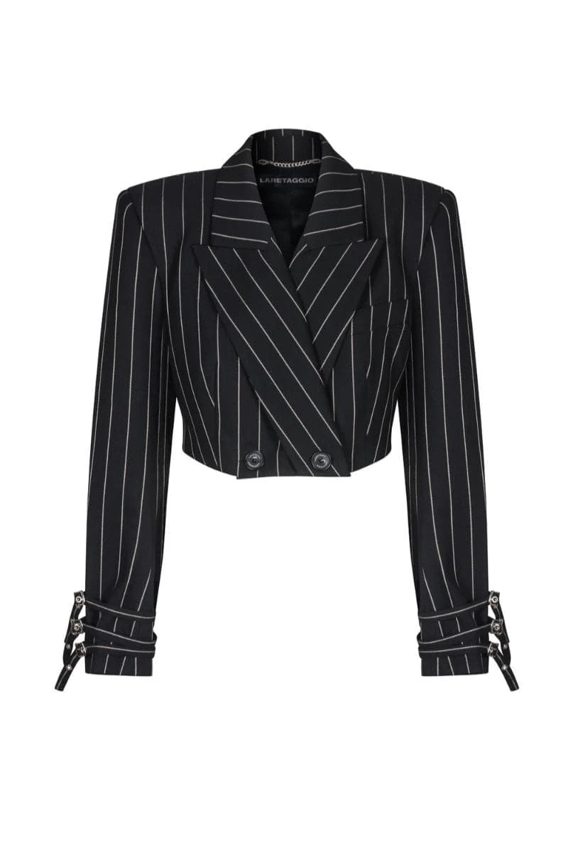 ABANO CROPPED STRIPED DOUBLE BREASTED BLAZER | LARETAGGIO | CULT MIA | CULT MIA UK LTD