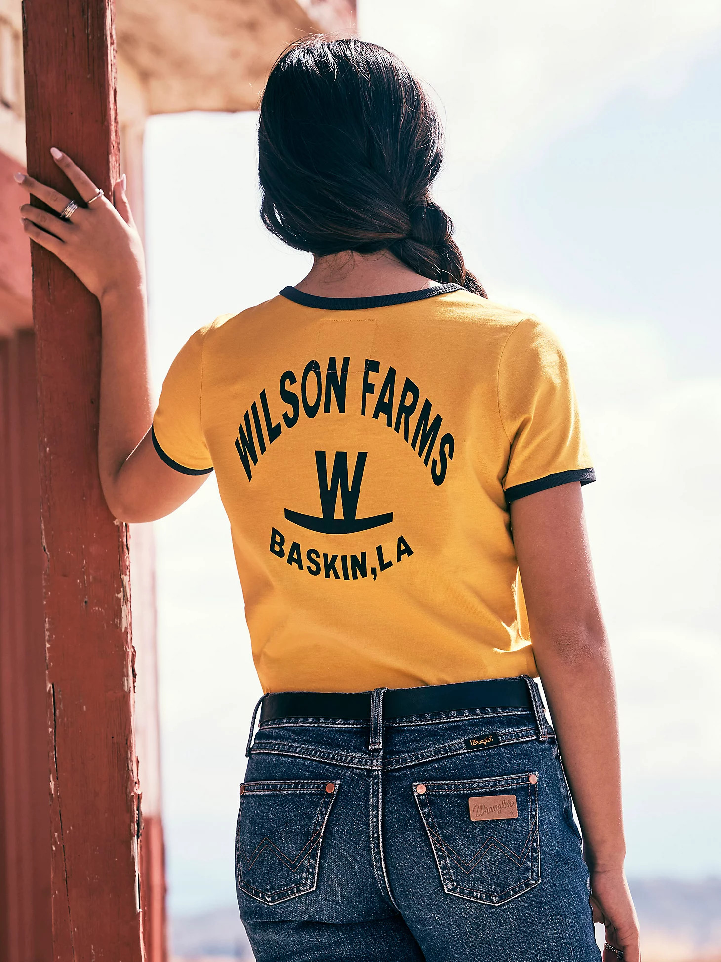 Girl's Wrangler x Lainey Wilson Wilson Farms Ringer Tee in Nugget Gold | Wrangler